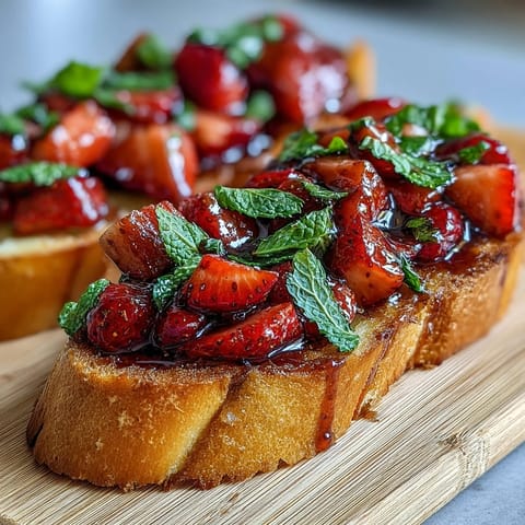 Fresh strawberry bruschetta with balsamic glaze and mint on toasted baguette slices, perfect for summer entertaining.