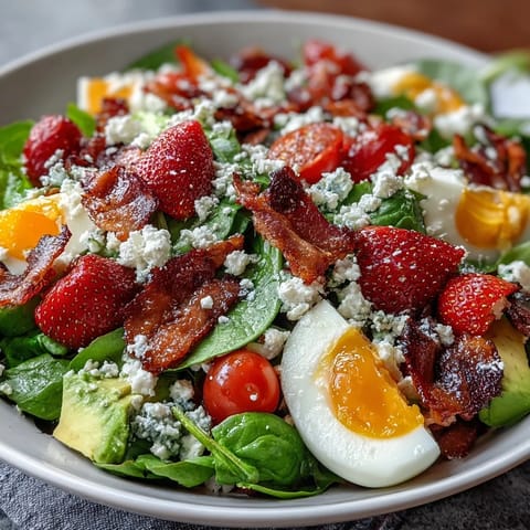 Fresh Spring Cobb Salad with Strawberries and Avocado, featuring juicy berries, creamy avocado, crisp greens, and tangy feta, perfect for a light lunch or brunch.