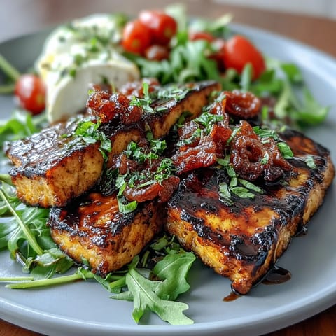 Grilled peach and burrata salad with arugula, cherry tomatoes, and balsamic glaze—a colorful summer dish bursting with sweet and savory flavors.