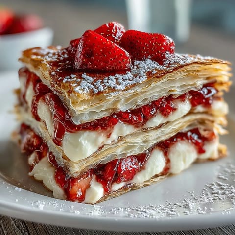 Beautiful strawberry crepe cake with layers of delicate crepes and vanilla cream, garnished with fresh strawberries and mint.