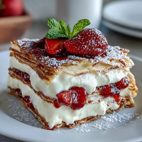 Layered strawberry crepe cake with silky vanilla filling and ripe berries, perfect for a special brunch or dessert.