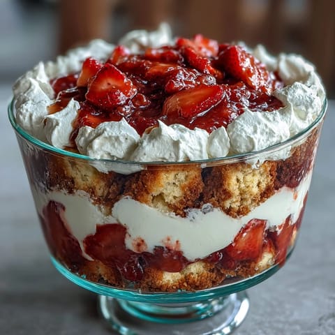 Beautiful layered Mothers Day strawberry shortcake trifle with juicy berries and whipped cream in a glass bowl.
