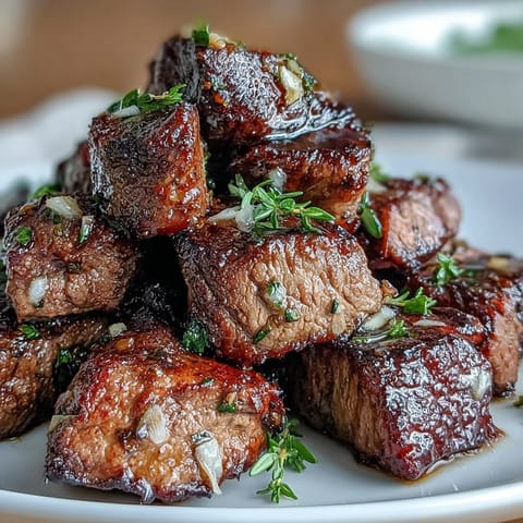 Juicy garlic herb steak bites seared to perfection in a single pan, served with a sprinkle of fresh parsley and thyme.