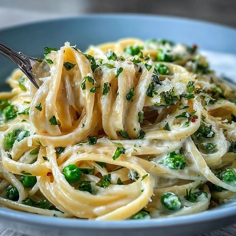 Bright spring pasta with creamy ricotta, lemon zest, and sweet peas tossed with linguine for a light vegetarian dinner.