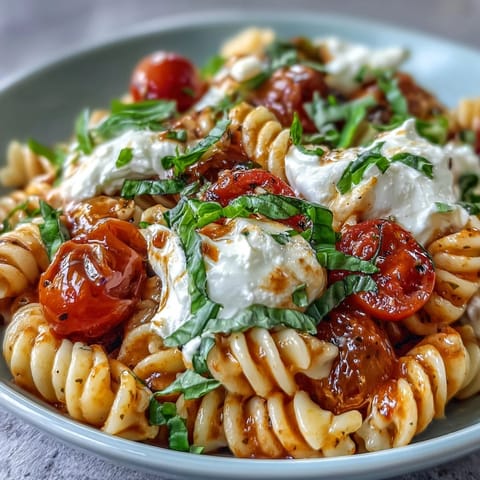 Creamy burrata melts over fresh basil and cherry tomatoes in this vibrant Caprese pasta, perfect for a quick summer dinner.  