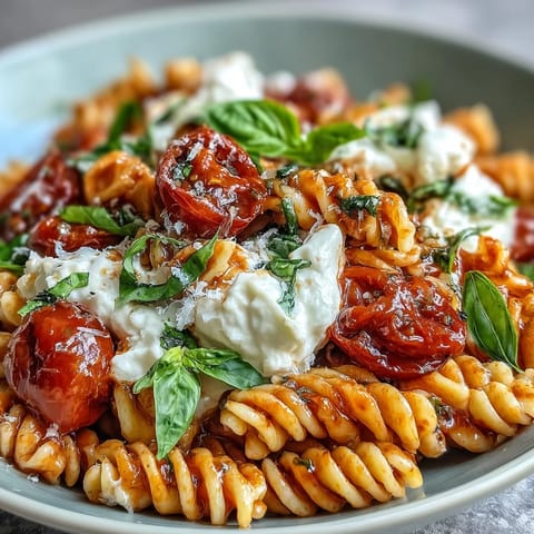 Caprese pasta with burrata features silky cheese, ripe tomatoes, and fragrant basil for an easy, elegant Italian-inspired meal.  
