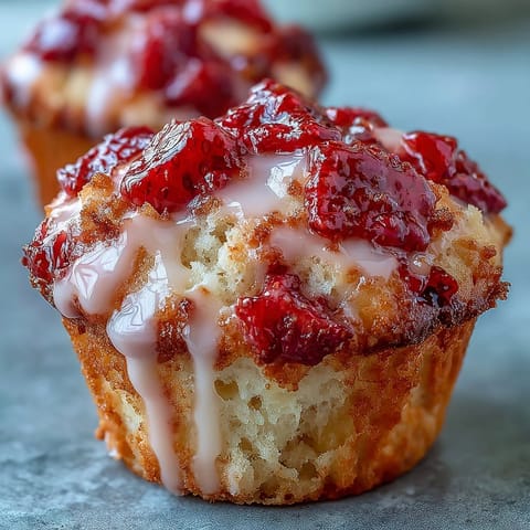 Fluffy strawberry lemon muffins with fresh berries and a tangy lemon glaze, perfect for spring brunch or breakfast.