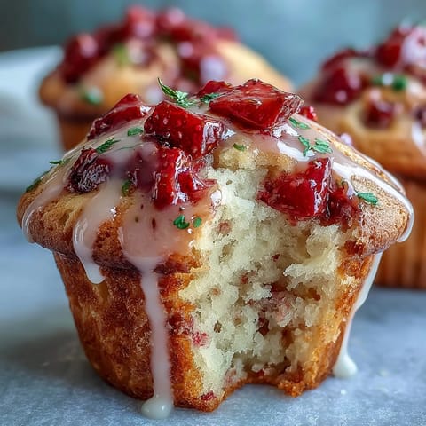 Bright and moist muffins bursting with juicy strawberries, finished with a sweet-tart lemon glaze for a refreshing treat.