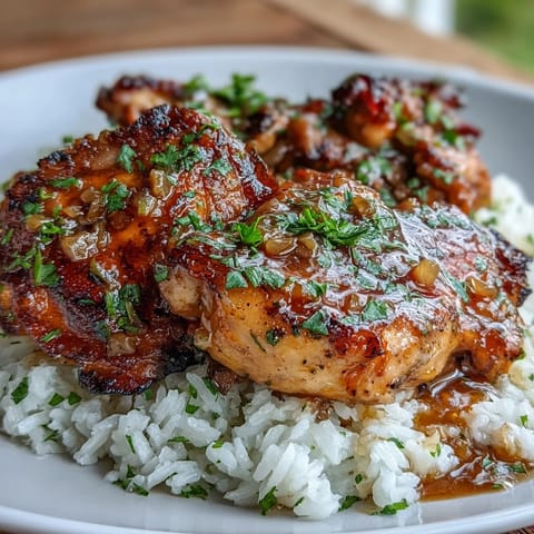 Honey Garlic Chicken with Rice served in a bowl, tender chicken glazed in sweet and savory sauce over fluffy white rice, garnished with green onions.