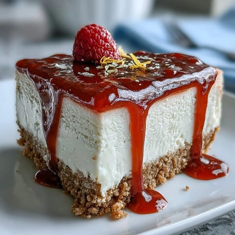 Mother's Day No-Bake Cheesecake topped with vibrant raspberry coulis, a perfect dessert.