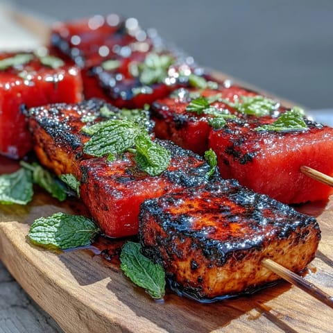 Grilled Halloumi Watermelon Skewers with fresh mint, showcasing juicy charred cubes.