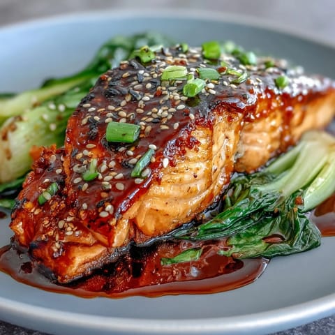 Miso Glazed Salmon with Sesame Bok Choy, golden and flaky, served alongside vibrant green, garlicky stalks.