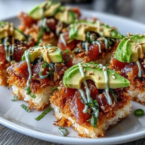 Golden Spicy Tuna Crispy Rice Bites, a party appetizer perfect for sushi lovers.