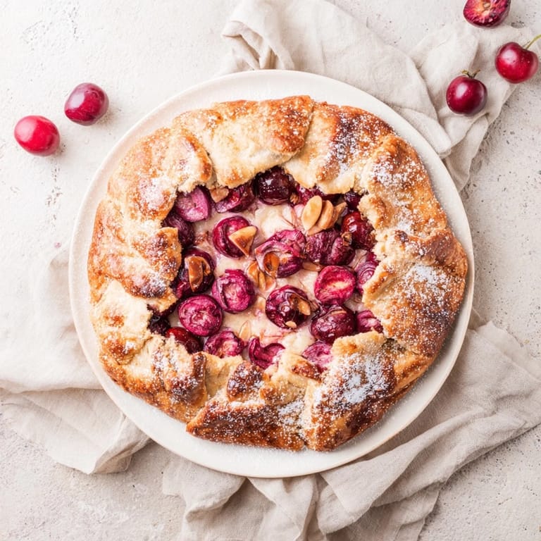 A warm slice of this Rustic Cherry and Vanilla Almond Galette reveals tender cherries baked within a buttery, flaky crust.