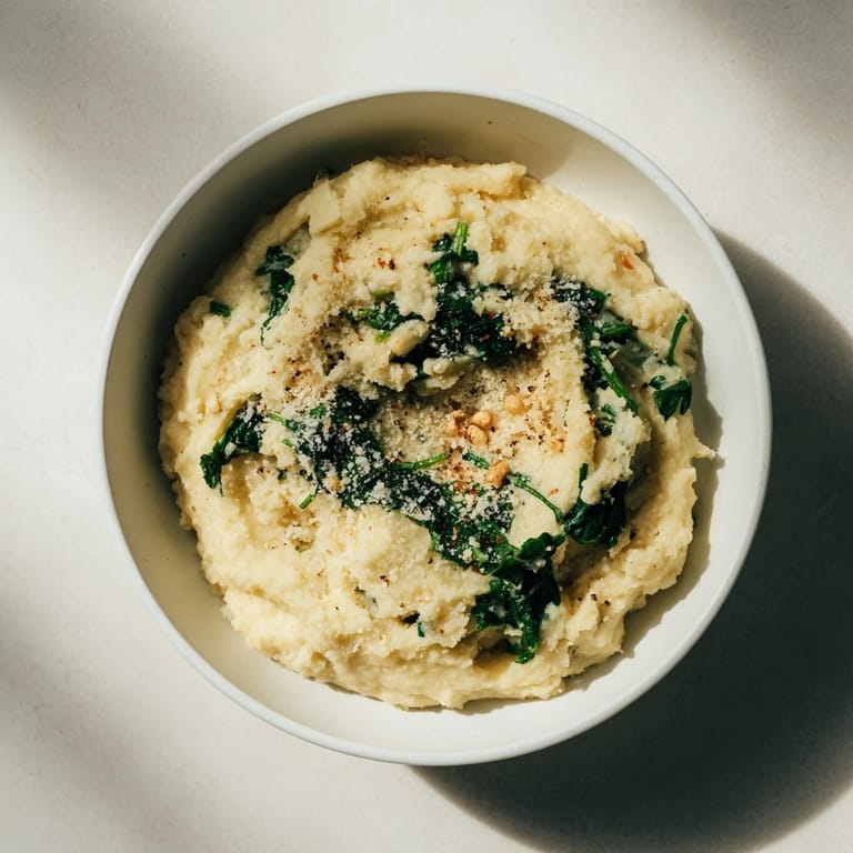 Golden, steaming Creamy Spinach and Parmesan mashed potatoes, an easy vegetarian side dish, looks super luxurious.