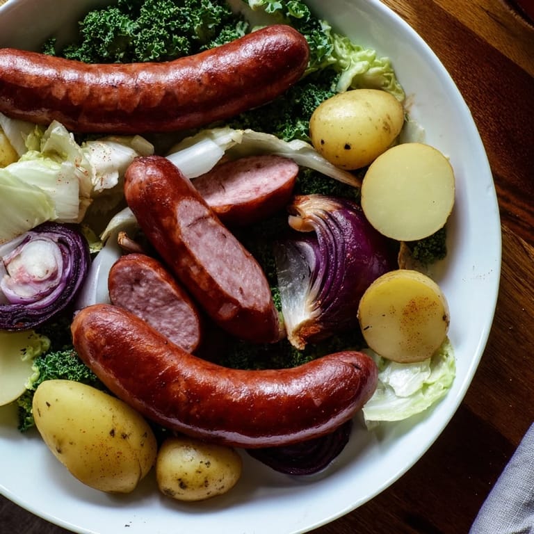 A close-up view of the hearty All-in-One Pan Sausage and Cabbage Bake, ready to serve with fresh parsley.