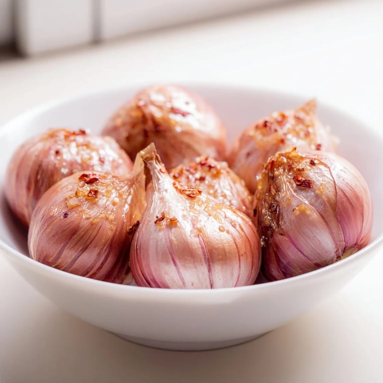 A close-up of delicious Simple Garlic-Honey Roasted Pecans, with savory garlic and honey glaze visible.