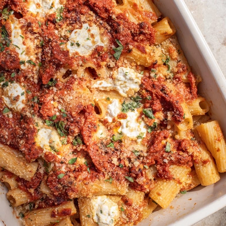 A generous serving of hearty One-Dish Baked Ziti with Three Cheeses, ready to enjoy with family tonight.