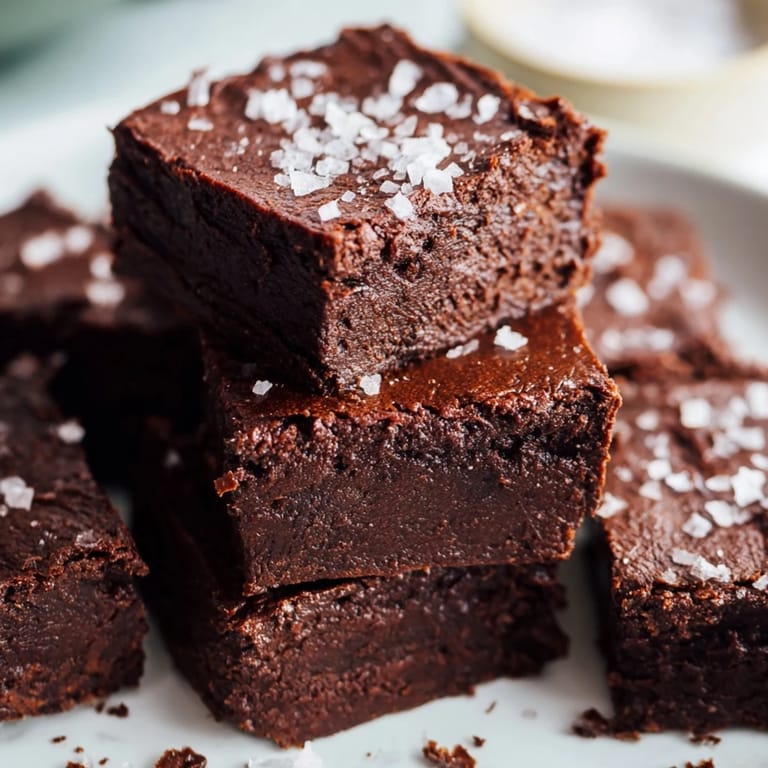 Close-up shot shows rich, dark homemade brownies with sea salt; a decadent American dessert.
