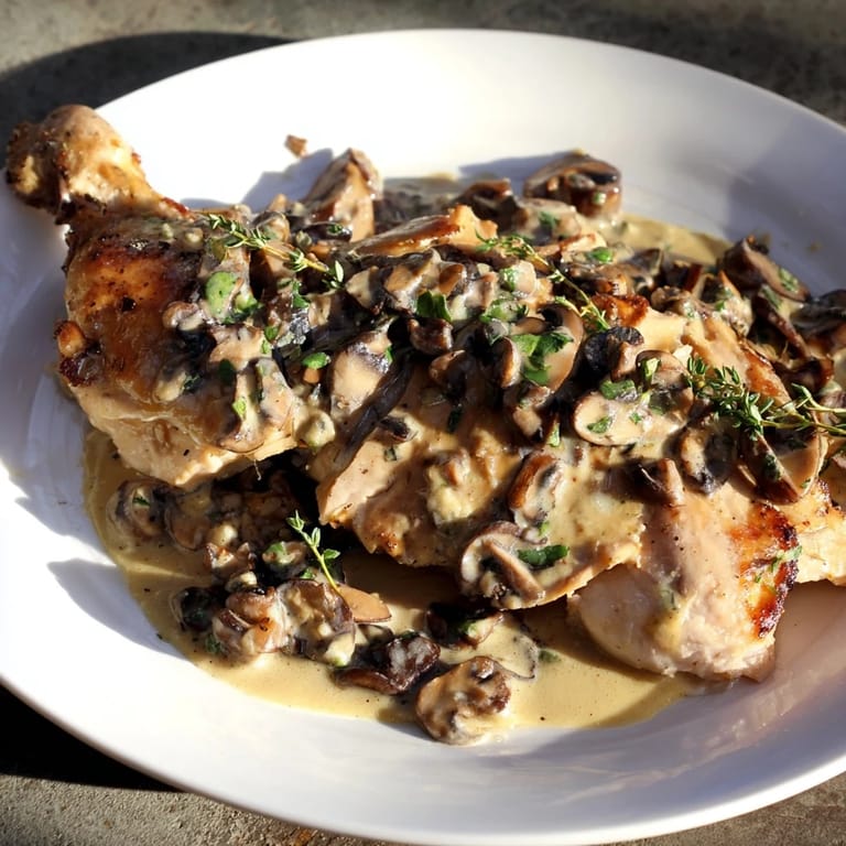 Picture a succulent Skillet-Seared Chicken Breast plate, glistening with a creamy mushroom gravy.