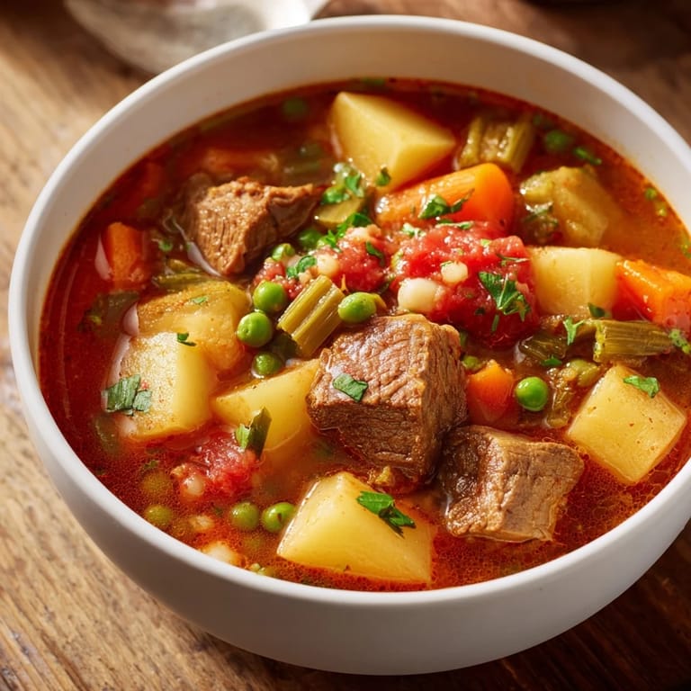 Imagine a close up of the One-Pot Hearty Beef and Barley Soup garnished with fresh parsley, ready to eat.