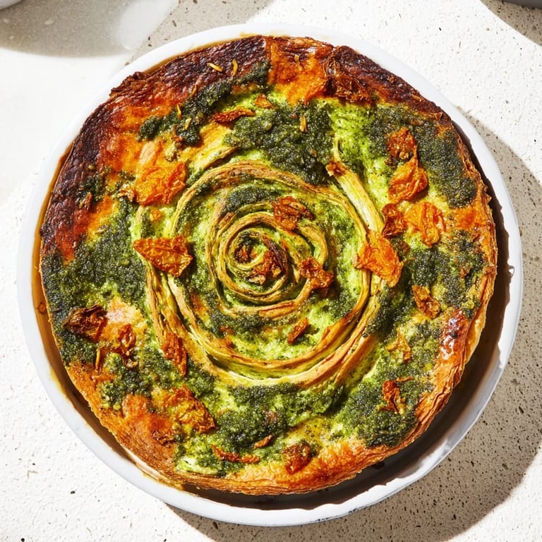 Appetizing close-up shot of baked Savory Sun-Dried Tomato and Pesto Palmiers, ready to serve and enjoy.