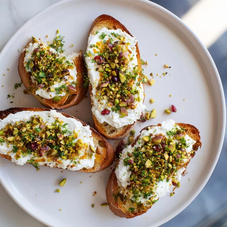 Showcasing the lovely Festive Pomegranate and Goat Cheese Crostini: a delicious Mediterranean appetizer, ready to serve.