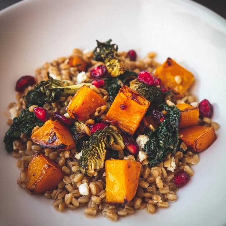 A comforting close-up: A bowl of Harvest Grain Bowl features colorful roasted pumpkin pieces and kale.