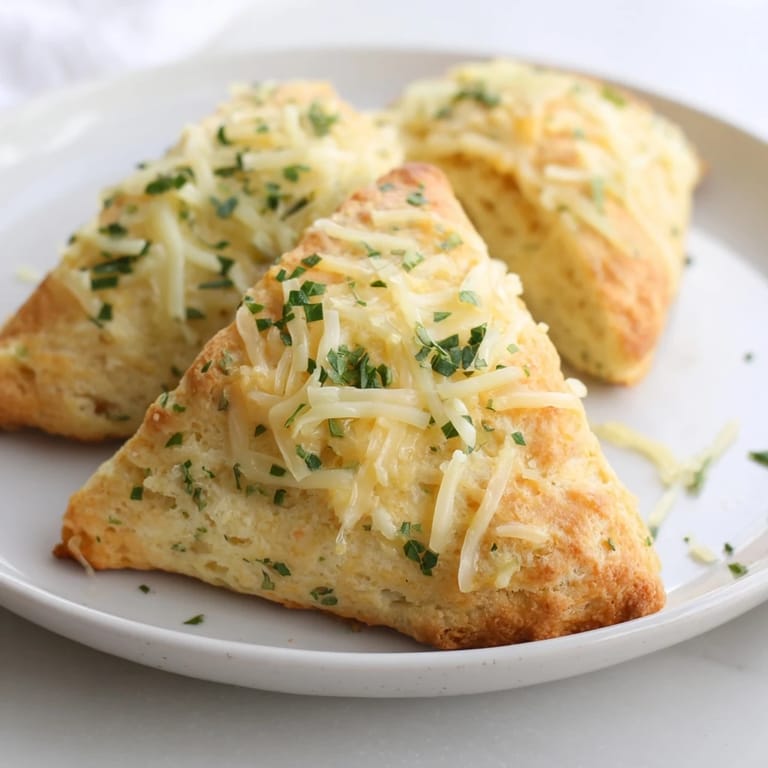 Fluffy golden cheddar and chive scones sit arranged on a parchment-lined baking sheet, waiting to be served.