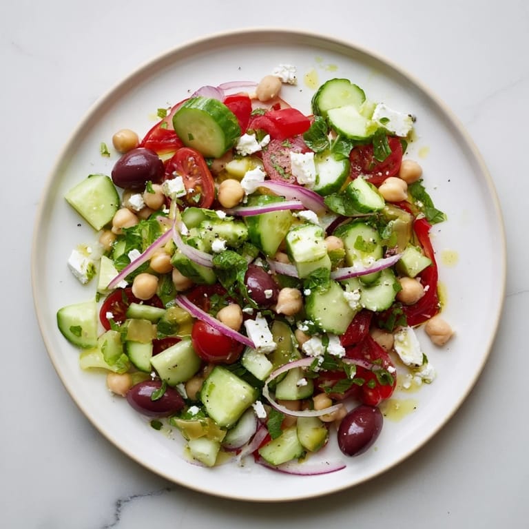 Vibrant image of overflowing Fresh Mediterranean Salad, showcasing plump olives and juicy cherry tomatoes.