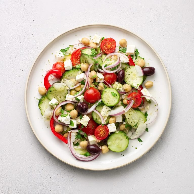Fresh Mediterranean Salad features chickpeas, feta, and fragrant herbs, glistening with zesty lemon dressing.