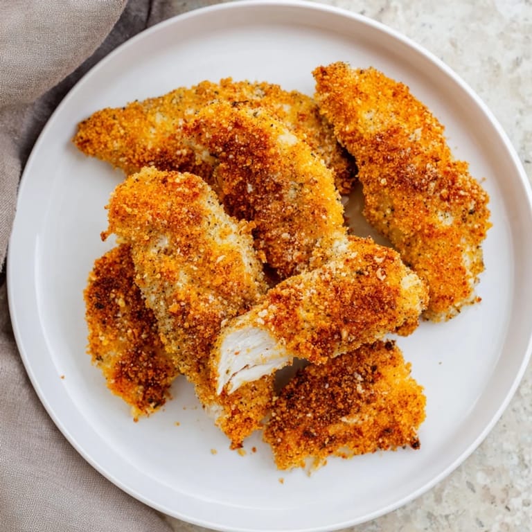 Perfectly cooked air-fried chicken tenders seasoned with herbs, offering a delightful crunch in every bite.