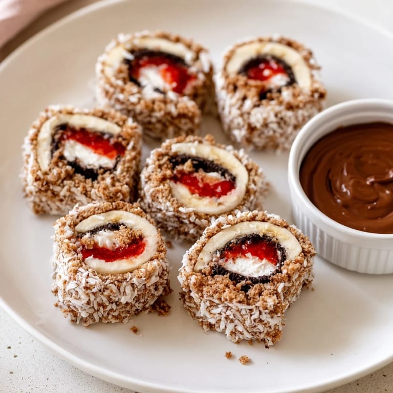 A close-up of colorful Oreo Cookie Sushi Rolls, ready to dip in rich dark chocolate "soy" sauce.