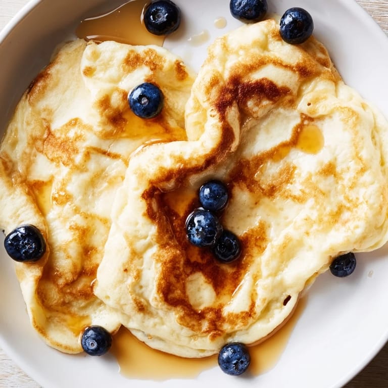 A close-up of delicious, one-bowl fluffy scrambled pancakes with blueberries, served warm.