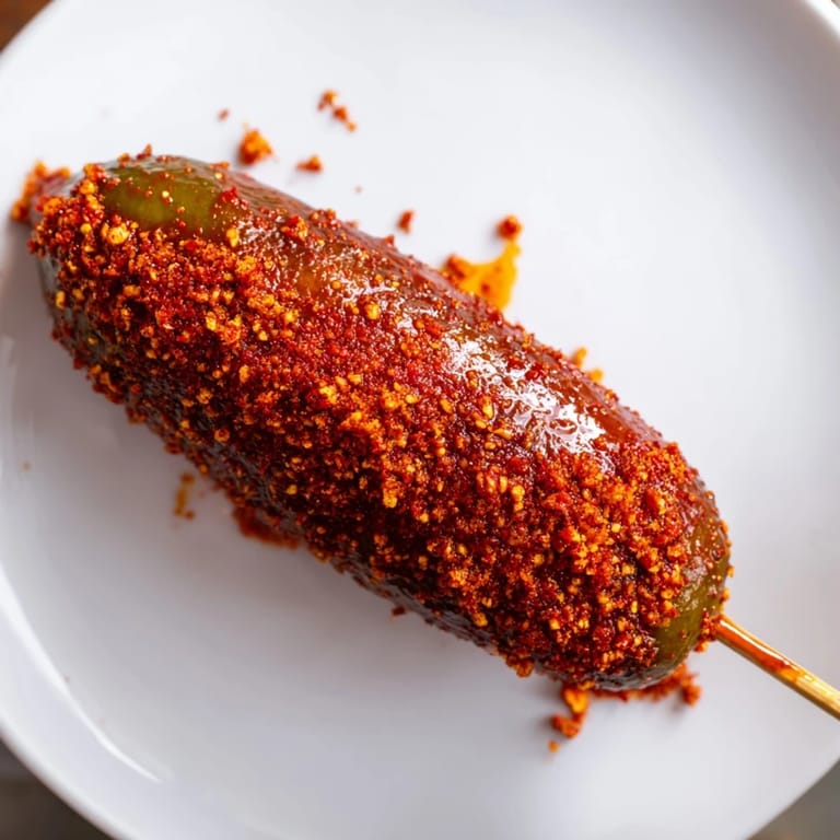 Bright red chamoy coats the pickles, then dusted with Tajín: a simple, craveable Chamoy-Tajín pickle stick snack.