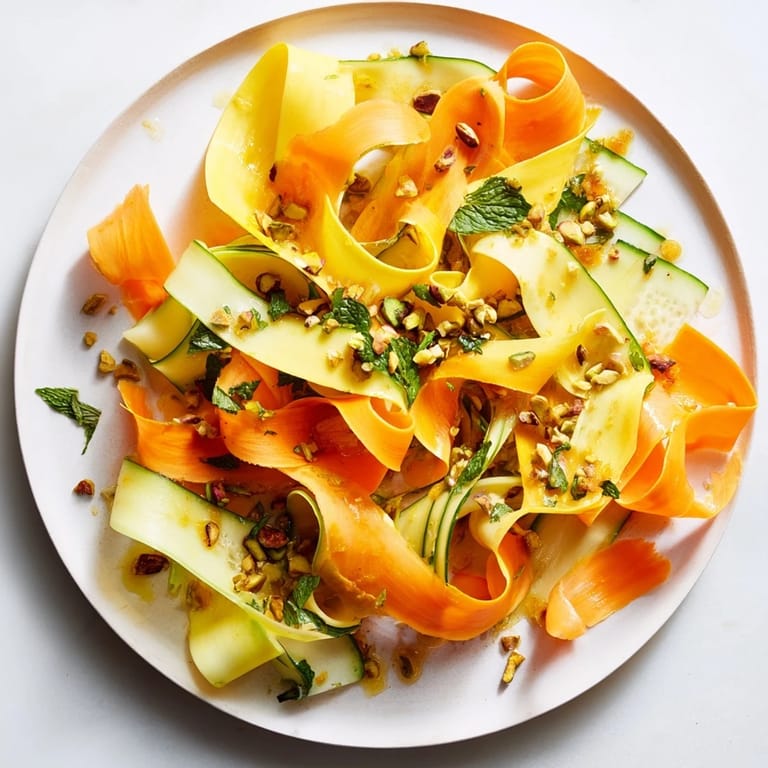 Close-up of a Citrus Carrot Ribbon Salad, showing delicate carrot ribbons coated in a light dressing.