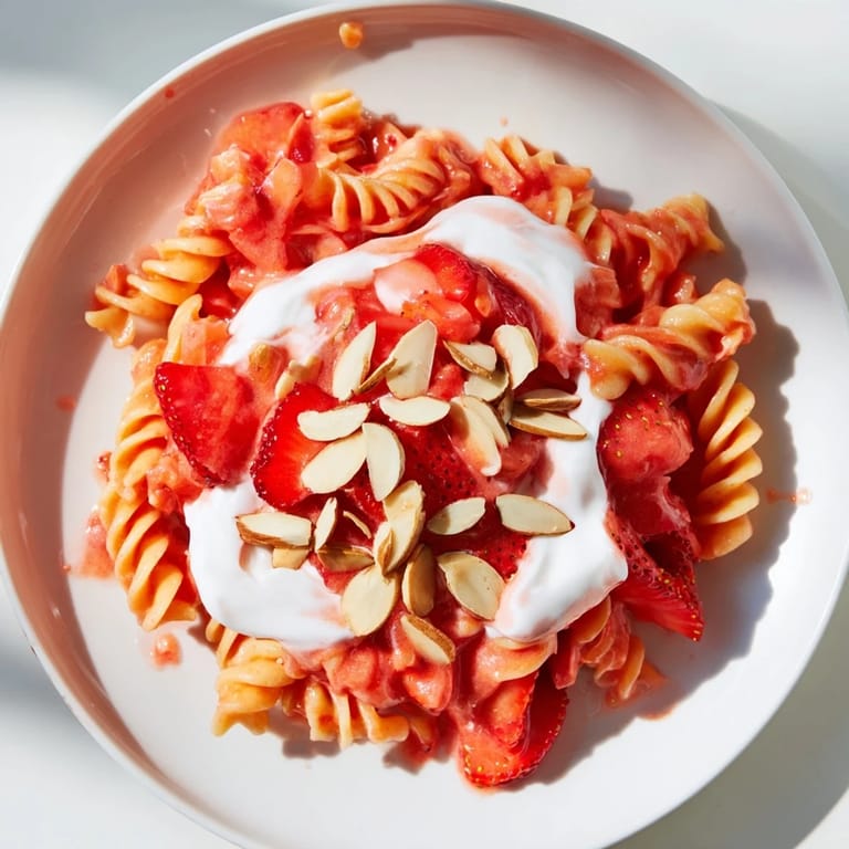 Homemade Sweet Strawberry Yogurt Pasta with fresh strawberries and almonds, a unique and tasty summer meal.