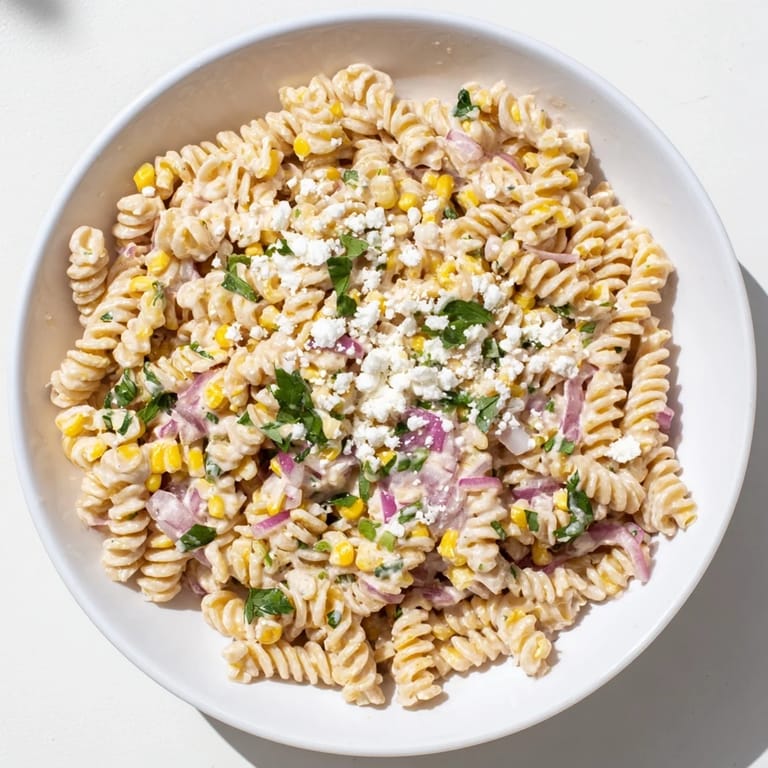 Delicious, flavorful Creamy Street Corn Pasta Salad, a vegetarian meal with a zesty lime dressing.