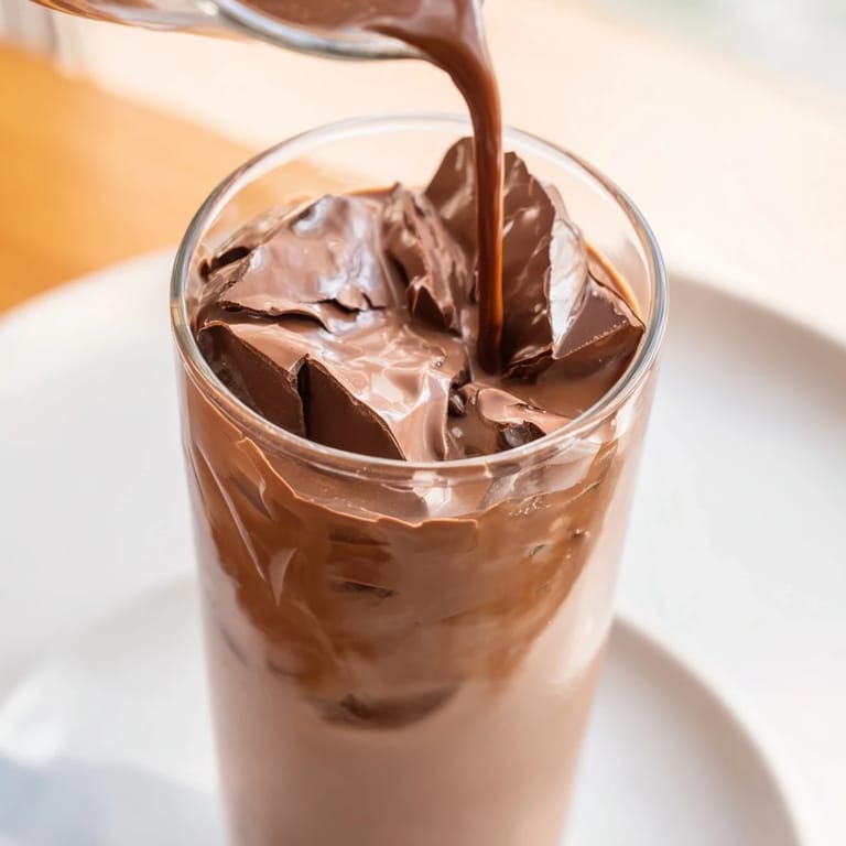 Image shows a chilled Chocolate Cracking Iced Latte—visually appealing with its cracked chocolate top and ice.