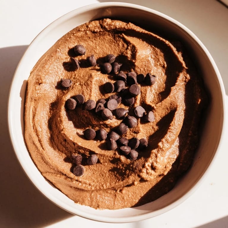 A bowl of rich, decadent chocolate hummus, a healthy vegan dessert with fruit.