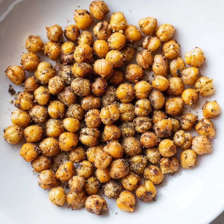 A close-up of crispy chickpea snack, showcasing the spice-covered, golden-brown texture after roasting.