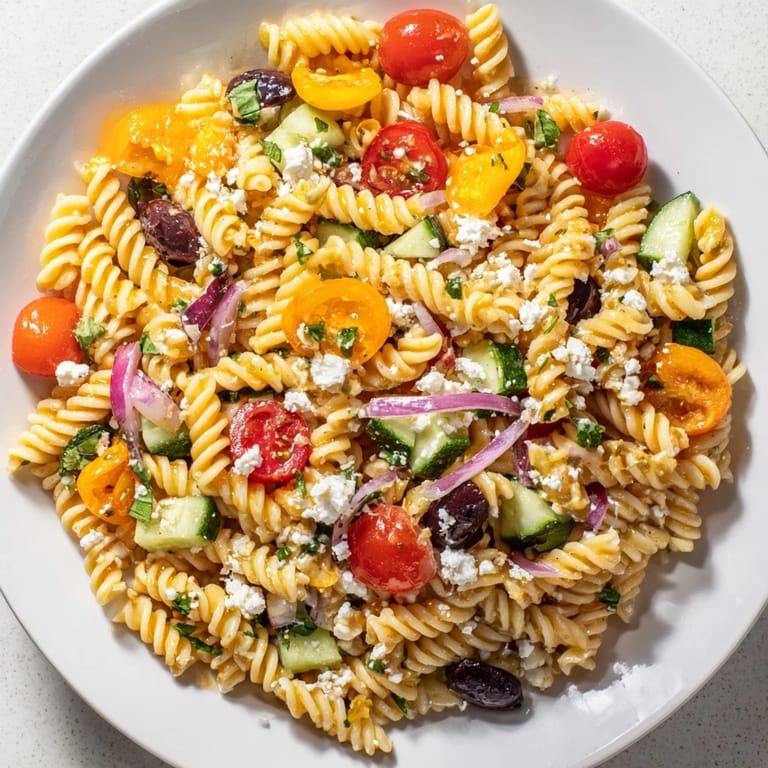 A refreshing bowl of lemon pasta salad, tossed with feta and a bright, tangy lemon dressing.