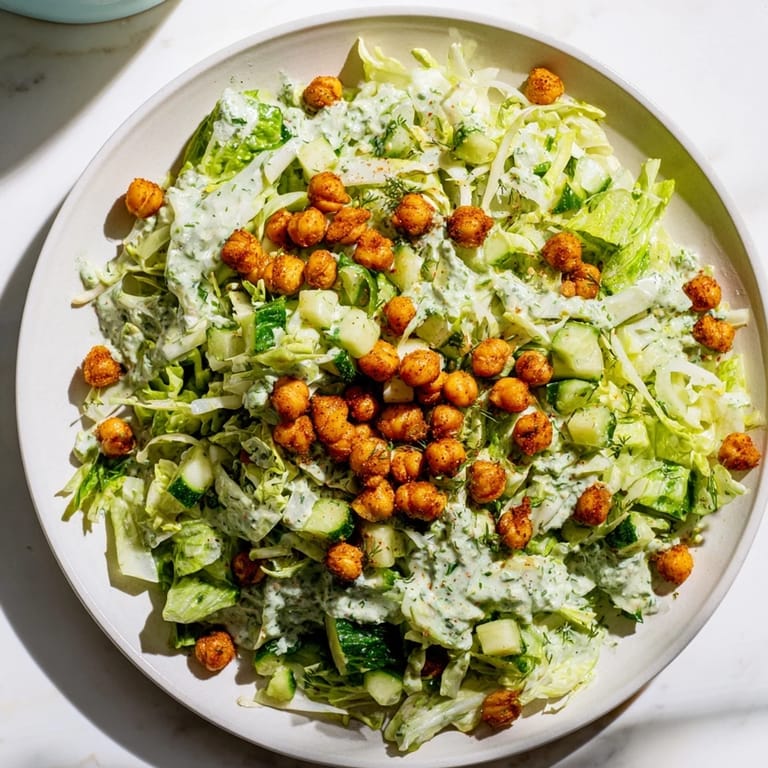 A close-up of Green Goddess Salad, a beautiful plateful of fresh greens, herbs and chickpeas with savory dressing.