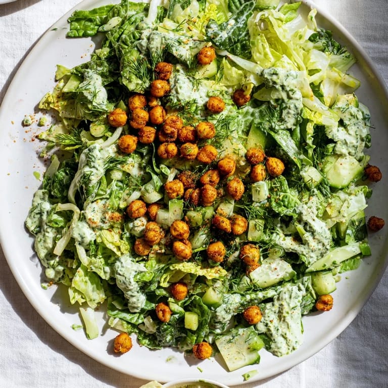 Fresh Green Goddess Salad showcasing bright green veggies and crunchy air-fried chickpea topping for a tasty lunch.