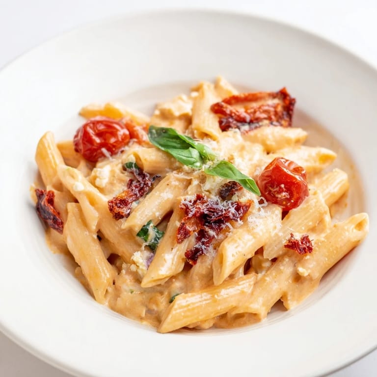 Golden baked feta cheese melts alongside burst cherry tomatoes for this flavorful pasta creation.