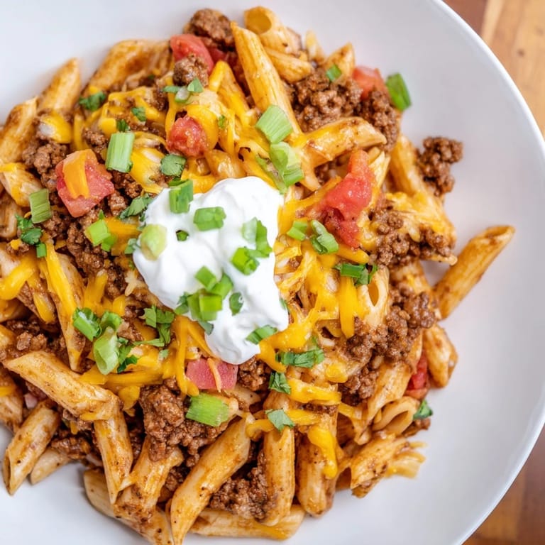 A steaming bowl of One-Pot Taco Pasta, a quick and easy family-friendly meal, ready to eat.