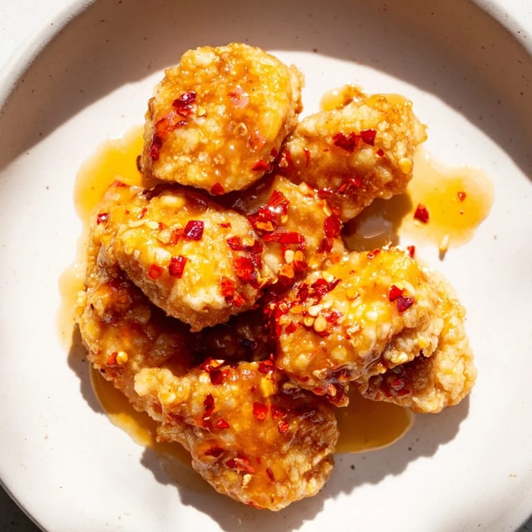 Perfectly fried and drizzled, these delicious Hot Honey Crispy Chicken Thighs are ready to serve with a side.