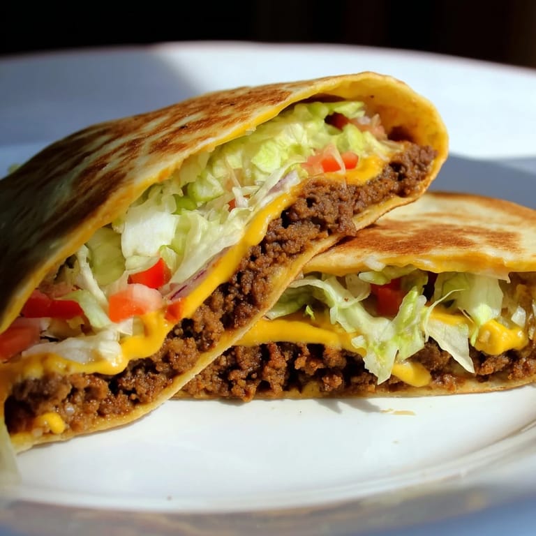 The homemade Taco Bell Crunchwrap Supreme showcases a perfectly folded tortilla, ready to be cut and enjoyed.