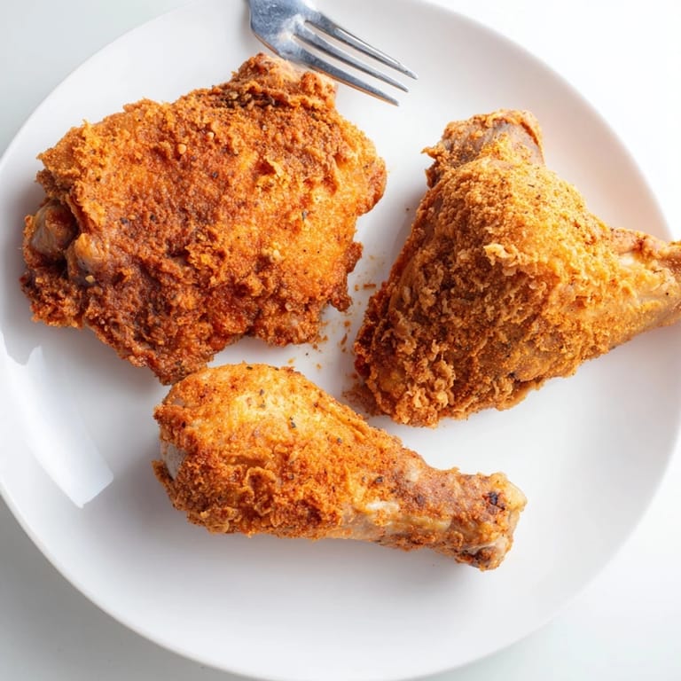 Savory KFC-style crispy chicken, ready to serve with sides like coleslaw and warm, fluffy biscuits.