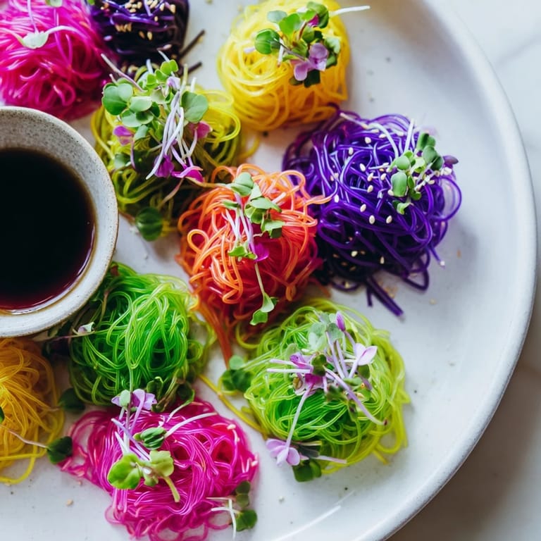 Whimsical neon noodle clouds, a colorful appetizer served with a flavorful dipping sauce on the side.